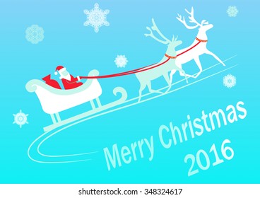 Santa on a sleigh with a reindeer on a blue background with snowflakes and ornaments of various sizes.