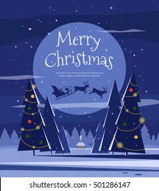 Santa on sleigh with reindeer on Christmas night. Christmas in winter forest. Template for the design of your holiday cards.