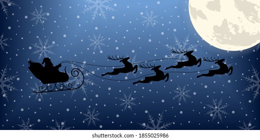 Santa on sleigh with reindeer flying in the night sky with moon. Christmas background with Santa's sled and Xmas deer. Winter background with snowflakes. Vector illustration.