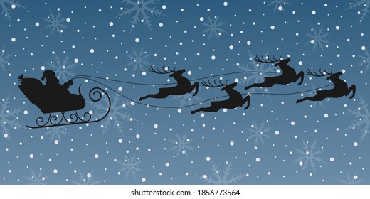 Santa on sleigh with reindeer flying in the night sky. Christmas background with Santa's sled and Xmas deer. Winter background with snowflakes. Vector illustration.