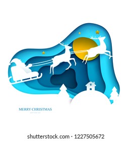 Santa on sleigh with reindeer in paper cut trendy craft style. Christmas, new year modern design for advertising, branding background greeting card, cover, poster, banner. Cartoon vector illustration.