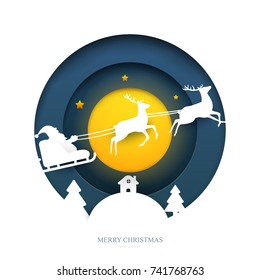 Santa on sleigh with reindeer in paper cut trendy craft style. Christmas, new year modern design for advertising, branding background greeting card, cover, poster, banner. Cartoon vector illustration.