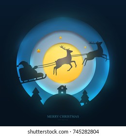 Santa on sleigh with reindeer in paper cut trendy craft style. Christmas, new year modern design for advertising, branding background greeting card, cover, poster, banner. Cartoon vector illustration.