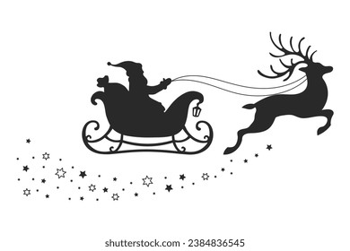 Santa on a sleigh with reindeer and stars, silhouette on a white background. Winter illustration, vector