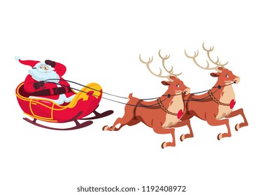 Santa on sleigh with reindeers. Christmas cartoon characters for greeting card. Isolated vector illustration. Santa claus and reindeer flying