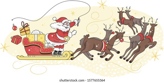 Santa on sleigh with reindeers. Christmas cartoon characters for greeting card. Isolated illustration - Illustration