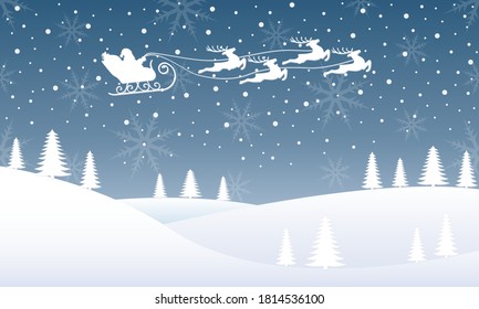 Santa on sleigh with reindeers flying in the night sky. Christmas background with Santa's sled and Xmas deer. Winter landscape with snow, fir trees and snowflakes. Vector illustration.