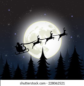 Santa On A Sleigh With Reindeers Over The Full Moon Vector