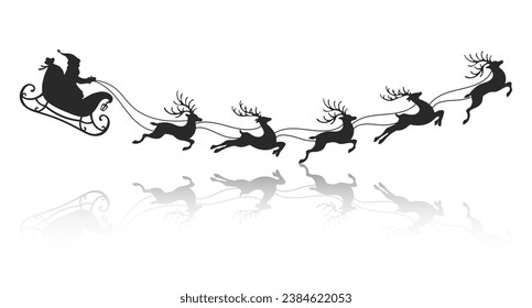 Santa on a sleigh with reindeers, silhouette with reflection on a white background. Winter illustration, vector