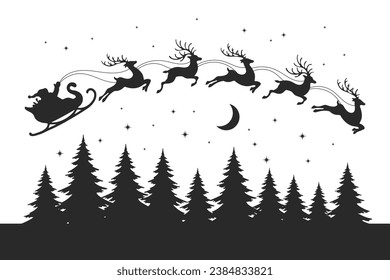 Santa on a sleigh with reindeers in the sky with the moon, winter landscape, silhouette on a white background. Christmas illustration, vector