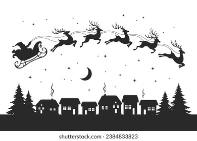 Santa on a sleigh with reindeers in the sky with the moon, winter landscape, silhouette on a white background. Christmas illustration, vector
