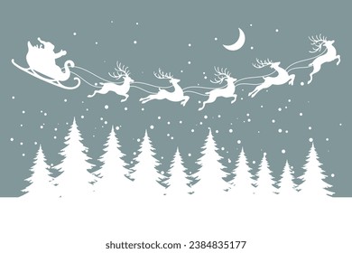 Santa on a sleigh with reindeers in the sky with the moon, winter landscape, white silhouette on a pastel background. Christmas illustration, vector