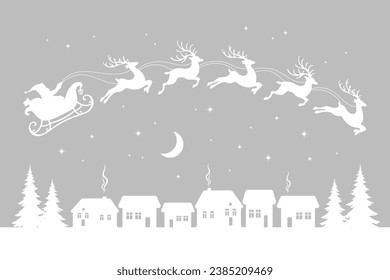 Santa on a sleigh with reindeers in the sky with the moon, winter landscape, silhouette on a white background. Christmas illustration, vector