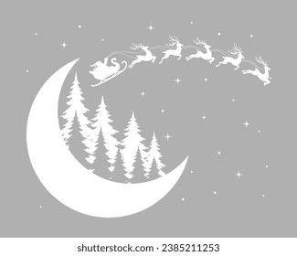 Santa on a sleigh with reindeers in the sky with the moon and fir trees, winter landscape, white silhouette. Christmas illustration, vector