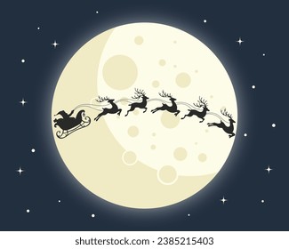 Santa on a sleigh with reindeers in the sky with a full moon. Christmas illustration, vector