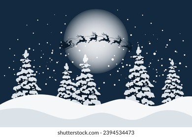 Santa on a sleigh with reindeers in the sky with the moon, winter landscape with fir trees, silhouette. Christmas illustration, vector