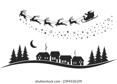 Santa on a sleigh with reindeers in the sky with the moon, winter landscape, silhouette on a white background. Christmas illustration, vector