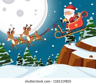 Santa on sleigh with reindoors night scene illustration