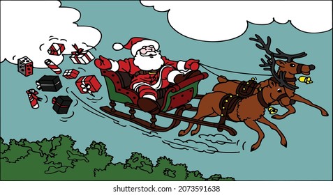 Santa on sleight with reindeers and gifts