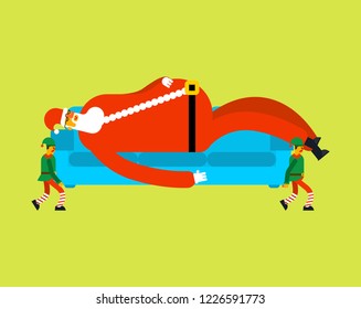 Santa on sofa carry elves. Xmas grandfather sleeping on couch and Santas elf. New Year and Christmas illustration

