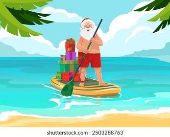 Santa on sup or paddleboard. Cartoon cute vector santa claus in red swimming trunks and hat standing on paddle board with gifts against tropical ocean beach background. Christmas in summer vacation