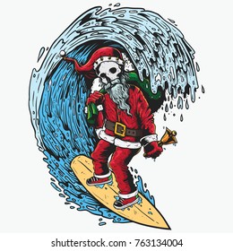 Santa on surfboard in tunnel of wave sea carry gift for Christmas illustration drawing with color