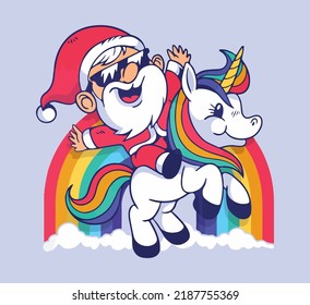 Santa On A Unicorn Walks Across The Rainbow