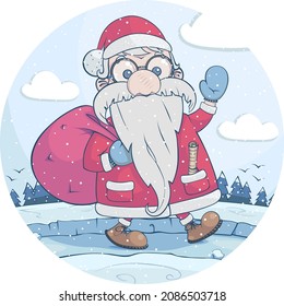 Santa is on the way to make gifts. Full figure cartoonish character is walking and waving hand against the backdrop of a winter landscape.