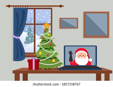 Santa Is Online. Christmas Is In Quarantine. Flat Illustration. Iterier - Window, Tree, Table, Laptop, Gift.