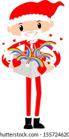 Santa with open Christmas gift of rainbow, star, heart. Cute lbgt, gay Xmas celebration cartoon character.