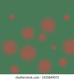 Santa Ornamental Green Winter Night Pattern. Snowflakes Christmas New Year Emerald Holiday Sky Background. Red Chaotic Dark Color Wallpaper. Stars Sharp Print Bright Mandala Background.