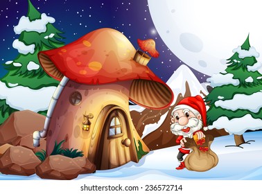 Santa outside the mushroom house in a snowy area
