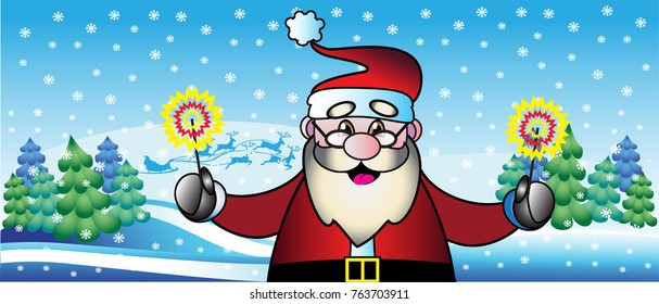 Santa is over the forest. Vector illustration. Christmas illustration.
