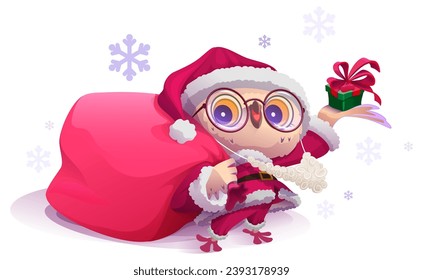 Santa owl bird and bag full of Christmas gift symbol xmas party. Vector cartoon illustration isolated on white