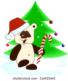 Santa Panda in the cap on a background of the Christmas tree