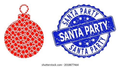 Santa Party rubber round stamp seal and vector recursive collage christmas ball. Blue stamp seal includes Santa Party text inside round shape.