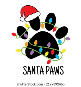 Santa Paws. Christmas tree in shape of a dog's paw with christmas lights. Merry  Christmas. Paws prints dog. Love dogs. Vector illustration. Isolated on white background.