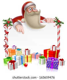 Santa peeking over a Christmas banner surrounded by gifts and pointing at the message