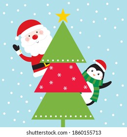 santa and penguin with christmas tree greeting card design