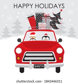 Santa and penguin driving car for greeting card or christmas gift bag and box