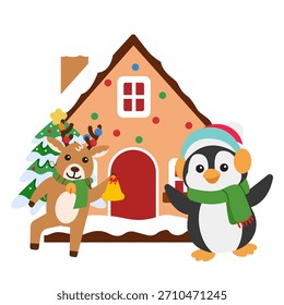 Weihnachtsmann und Pinguin House Szene. Vektorgrafik