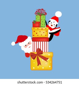 Santa and penguin with presents on a blue background. Vector illustration
