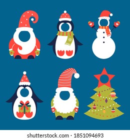 Santa, penguin, snowman, gnome costume. Christmas photo booth props set. Xmas' dwarf and Claus suit with beard and hat, Christmas tree costume for a kid's party. Happy new year collection.