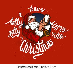 Santa with phone - have a holly jolly merry little Christmas - vintage illustration