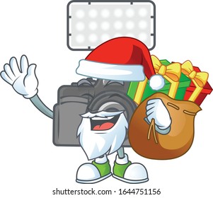 Santa photo camera with lighting Cartoon design having a sack of gifts