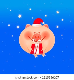 Santa pig  with a gift. The year of the pig. Holiday greeting card. Isolated vector illustration.