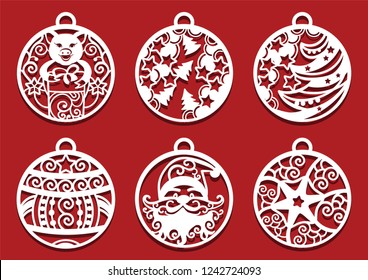 Santa, Pig holding gift inside Christmas balls. Symbol of 2019 for laser cutting. Set of New Year decorations