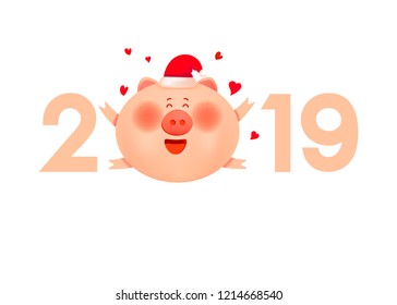 Santa pig with numbers 2019. Symbol of New year  Xmas holiday. Flat cartoon style