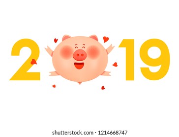 Santa pig with numbers 2019. Symbol of New year  Xmas holiday. Flat cartoon style