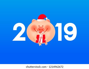 Santa pig with numbers 2019. Symbol of New year  Xmas holiday. Flat cartoon style